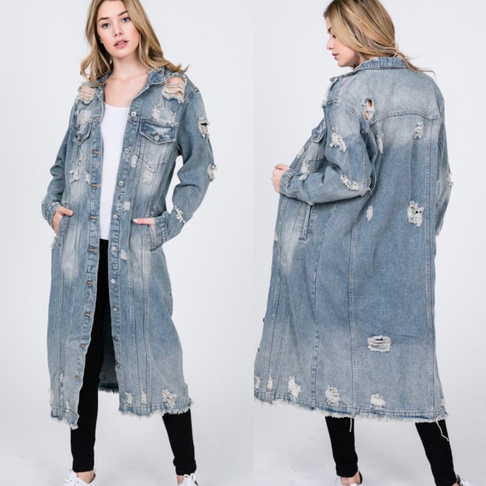 Long distressed denim jacket